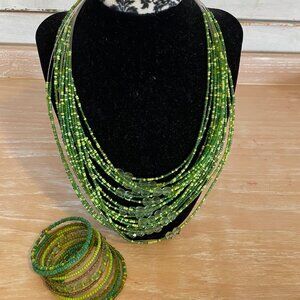 Multi-Strand Green Beaded Cascading Design Necklace & Stretch Bracelet